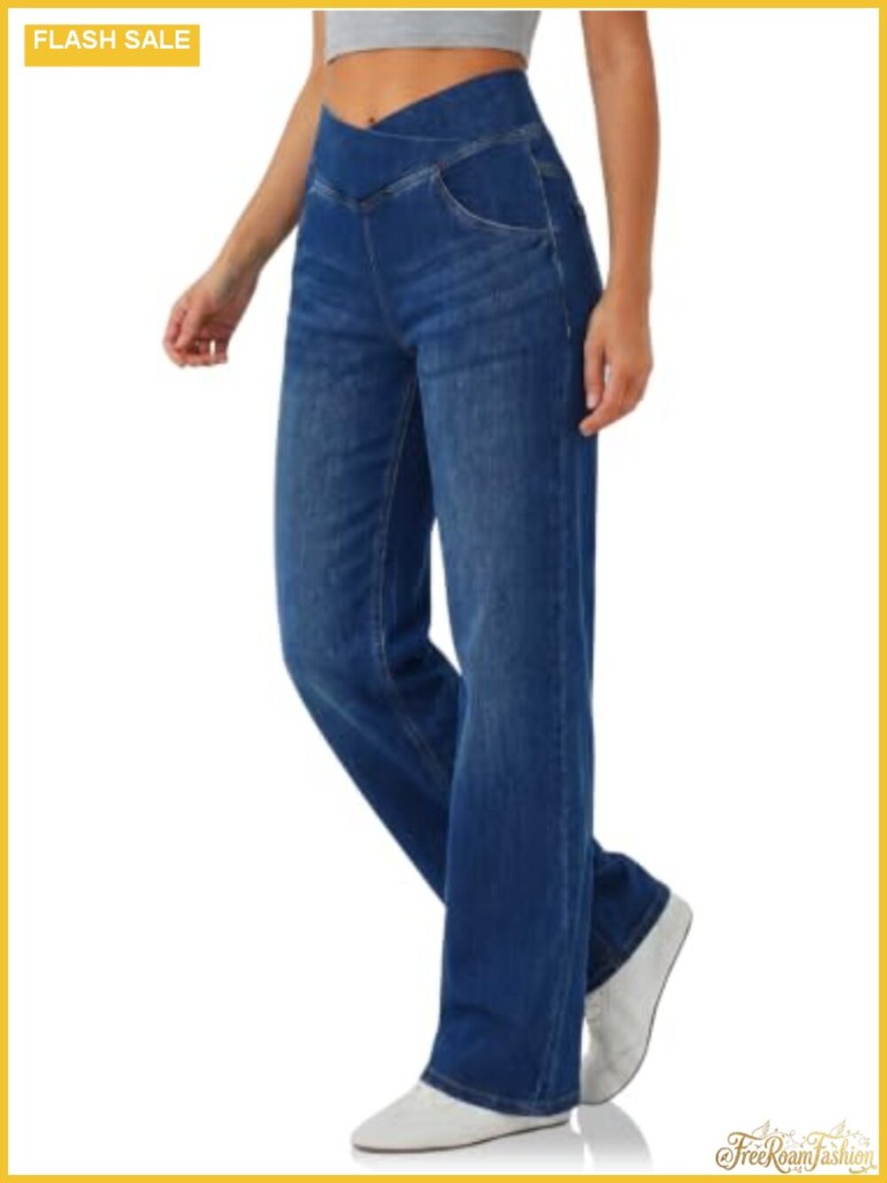 High Rise Wide Leg Stretch Knit Jeans, Crossover Denim Pants